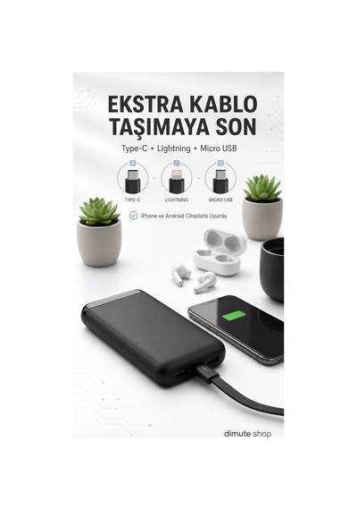 20.000 Mah  & Led Işıklı Siyah Powerbank Kesintisiz Güç Siyah - 747408433 Siyah