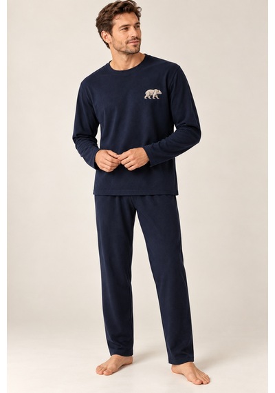 Free Beka Erkek Nakışlı Lacivert Uzun Kollu Penye Kumaş Mevsimlik Pijama Takımı Gri
