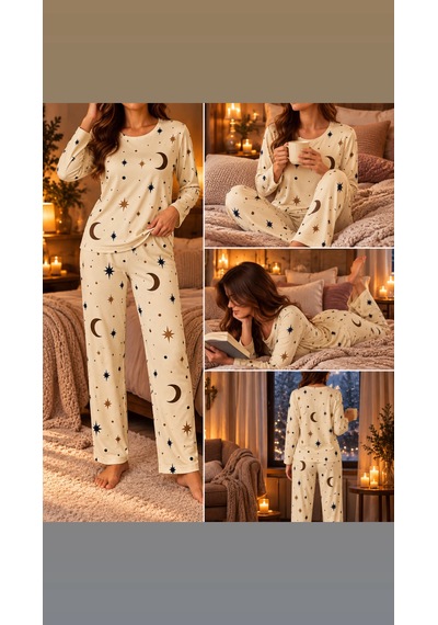 Lila İç Giyim Kadın Ay Yıldız Desenli Uzun Kollu Pijama Takımı Krem Renk Rahat Ev Giyim Seti Lila İç Giyim Kadın Ay Yıldız Desenli Uzun Kollu Pijama Takımı Krem Renk Rahat Ev Giyim Seti