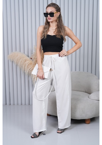 Polologin Butik Beli Bağcıklı Yüksek Bel Bol Paça Beyaz Pantolon Beyaz