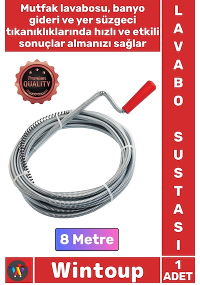 Susta Profesyonel Çelik Tıkanıklık Giderici Esnek Dayanıklı Gider Açma Lavabo Açma Sustası 8 Metre Çok Renkli