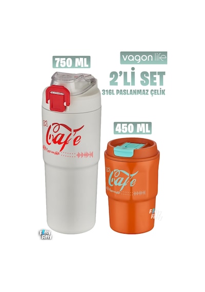 Vagonlife 2'li Çelik Termos-kahve Bardağı Seti 750ml Çift Kullanım Termos//450ml Mug Kahve Bardağı Beyaz - Turuncu