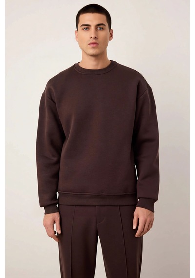 Benerly Erkek Bisiklet Yaka Düşük Kol Oversize Kalın Nakışlı Sweatshirt F Kahverengi