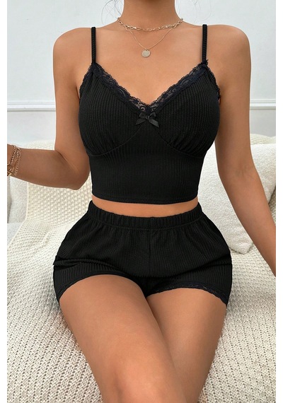 Moda Dua Kadın Siyah Alt Ve Üst Dantel Detaylı Fiyonklu Şortlu Gecelik Takımı