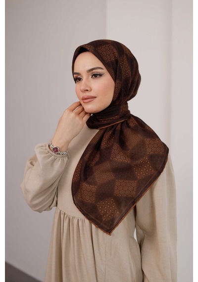 Mimiyum Mosaic Desen Soft Eşarp Kahve Kiremit Çok Renkli