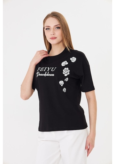 Sortie Collection Feıyu Peacefulness Gül Baskılı Rahat Kalıp Basic Tişört Siyah