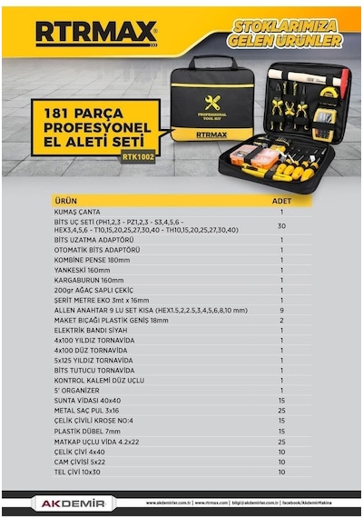 Rtrmax RTK1002 181 Parça Profesyonel El Aletleri Seti