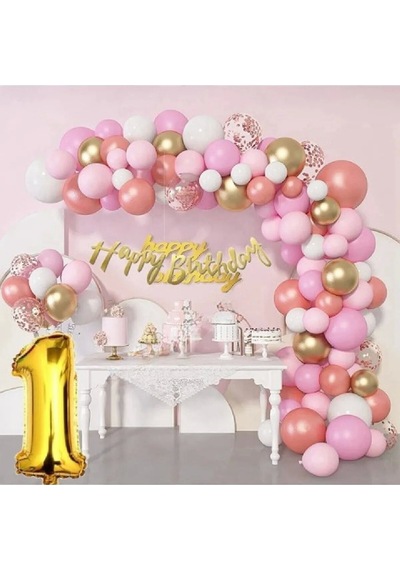 55 Adet Adet Balon Lüks Pembe Rose Gold 1 Yaş Balon Seti