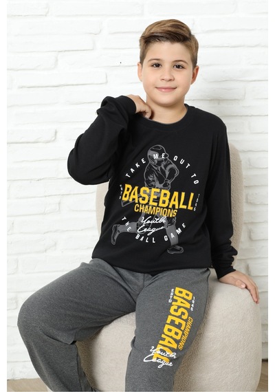 Modanino Erkek Çocuk Pijama Takımı %100 Pamuk İnterlok Kumaş 12447 Siyah
