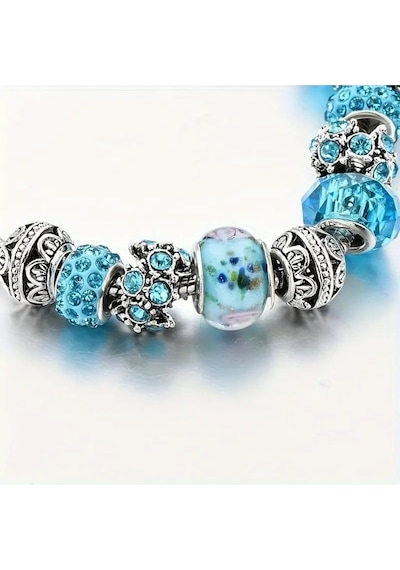 Yeni Tarz , Baby Blue Crystal Mavi Aşk , Sevgi Charmlı Bileklik, Ahşap Kutu İçerisinde Gümüş Gümüş
