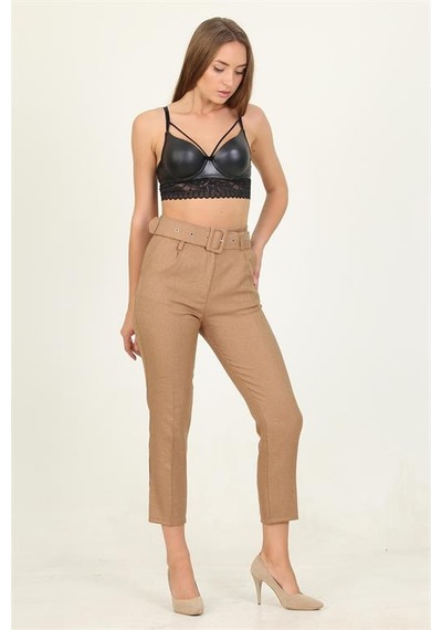 Neşeli Butik Kadın Camel Cepli Kemer Detaylı Kumaş Pantolon Qns026 Camel