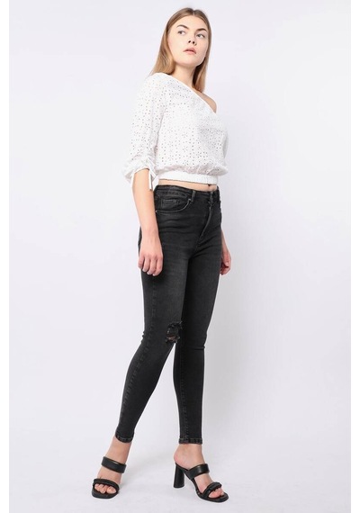 Kadın Antrasit Dizi Yırtık Süper Skinny Fit Jean Pantolon 001