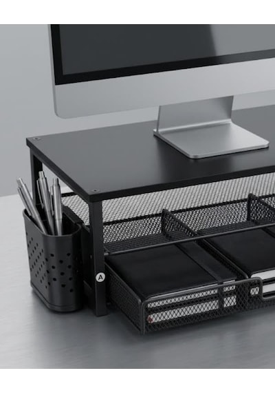 Tr Siyah Ahşap Üst Tablalı Metal Mesh Monitör Yükseltici Stand Çekmeceli Kalemlikli Masaüstü Organizer 9214