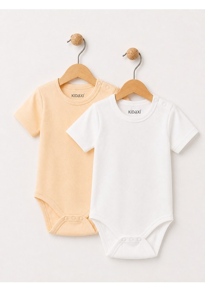Kidaxi 2'li Kısa Kol Bisiklet Yaka Çıtçıtlı Body Sarı-Ekru