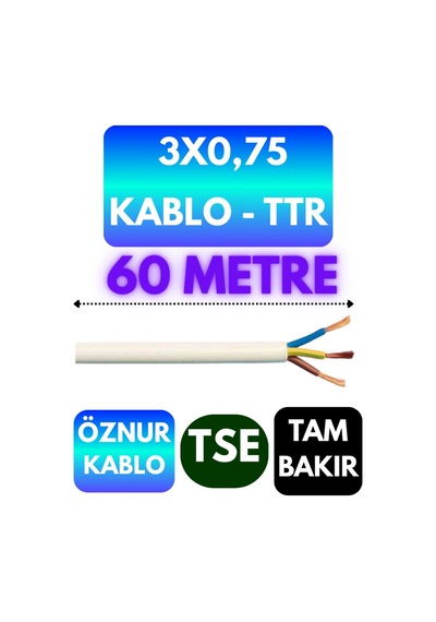 Öznur 3x0,75 Ttr Kablo Beyaz Metre Seçenekli - 60 Metre