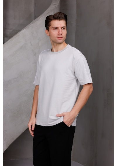 Erkek Şeritli Oversize Bisiklet Yaka 2 İki İplik Kompakt T-shirt Ekru