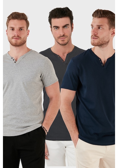 Buratti Pamuklu Düğme Detaylı Slim Fit V Yaka 3'Lü Paket Erkek T Shirt 5902122S3 Antrasit-Indigo-Gri Melanj