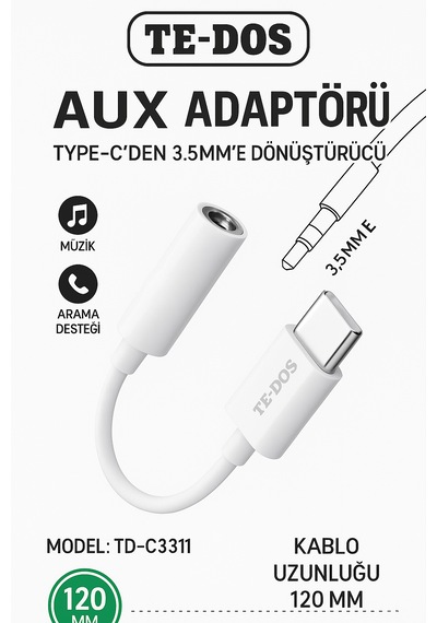 Td-c3311 Type-c Den 3.5mm E Aux Ses Adaptörü Yüksek Ses Kalitesi Müzik Arama Desteği Dayanıklı Kablo -