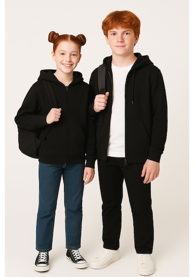 Giyicem G2025-3 Basic Fermuarlı Kapüşonlu Unisex Okul Sweatshirt - Siyah