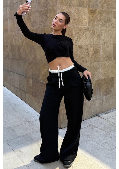 Madmext Siyah Çift Bel Bantlı Wide Leg Kadın Pantolon Mg2551 Siyah