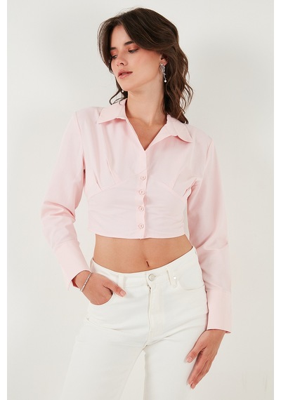 Lela Fitted Fit Pamuklu Korse Detaylı Uzun Kollu Crop Bayan Gömlek 611Go00376 Şeker Pembe