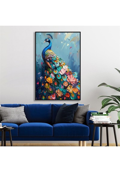 Yağlı Boya Dokulu Tablo Modern Renkli Tavus Kuşu Siyah Çerçeveli U04033-178947