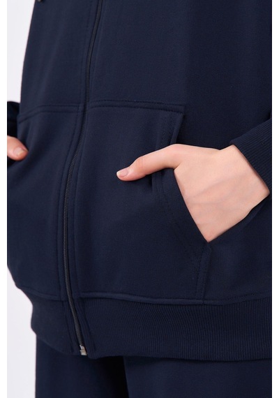 Comeor Lacivert Kanguru Cepli Kapüşonlu Fermuarlı Oversize Kadın Sweatshirt Cmrb73 Lacivert