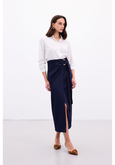 Sateen Aksesuar Kuşaklı Yırtmaçlı Etek - Lacivert-136889 Lacivert