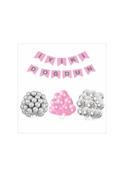Metalik Pembe-şeffaf-gümüş Balon+banner Seti