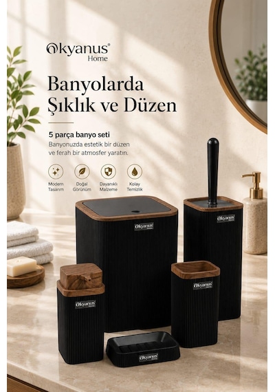 Stella Siyah Ahşap Desenli Çizgili Banyo Seti 5 Parça Plastik