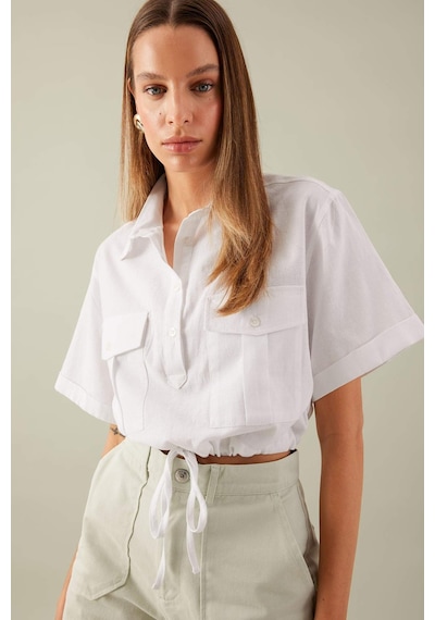 DeFacto Cropped Fit Gömlek Yaka Keten Karışımlı Kısa Kollu Bluz C6812AX24SMWT34