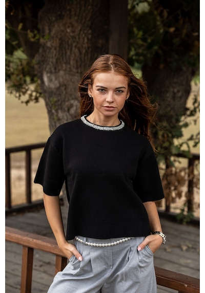 Verdeblanco Taşlı Yaka Basic Bluz Siyah Siyah