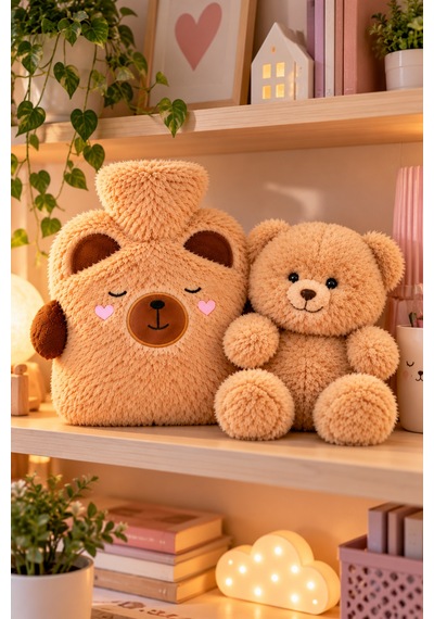 2'li Set Ayıcık Peluş Sıcak Su Torbası Ve 26 Cm Peluş Oyuncak Kahverengi Yumuşak Kılıflı İkili Takım Çok Renkli