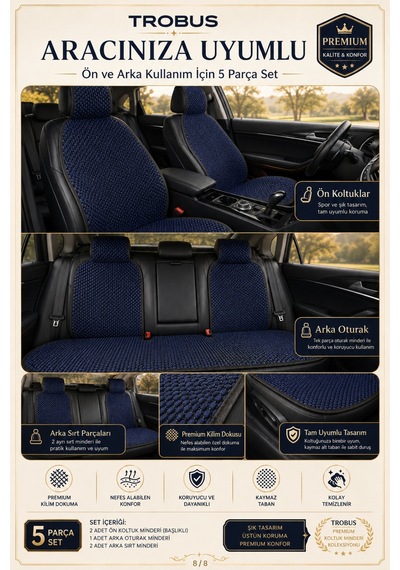 Fiat Egea Hb 2017+ Üniversal Premium Örme 5 Parça Minder Terletmez Kaymaz Taban Lacivert Siyah