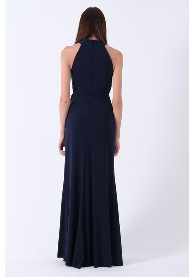 Feminist Lacivert Halter Yaka Drapeli Beli Gold Toka Detaylı Straplez Abiye 9705862