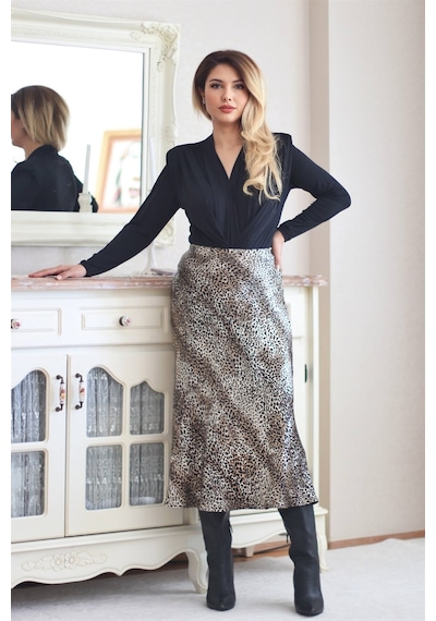 Ritnice Kadın Leopar Midi Saten Etek