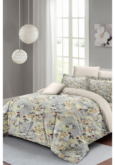 King Size Gri Sarı Güller Lüks Çift Kişilik Pamuk Saten Nevresim Takımı 220x240cm, Monohome44343 Çok Renkli