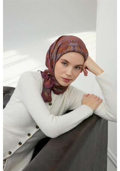 Silk Home Viskon Velora Eşarp Mürdüm Çok Renkli Desenli Tok Duruşlu 90x90