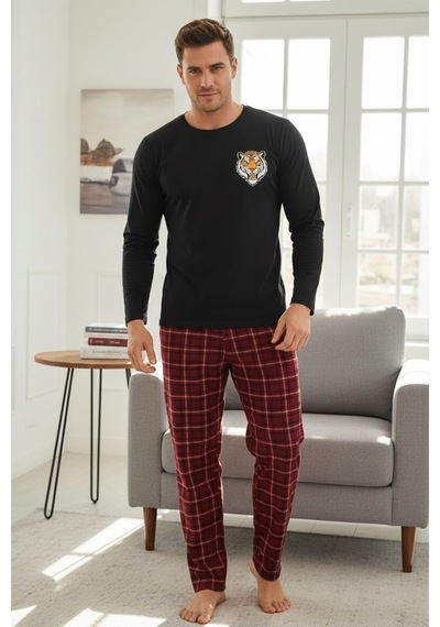Siyah İnci Deve Baskılı Uzun Kollu Örme Pijama Takım Siyah