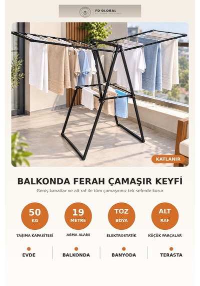Fd Global Kanatlı Çamaşır Kurutma Askısı Kalın Borulu Alt Raflı Katlanır Kurutmalık 19 Metre Siyah Siyah