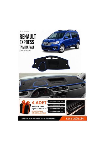 Renault Express Tam Kapalı 2021-2024 Uyumlu Torpido Örtüsü, Torpido Kılıfı - Siyah-mavi - Re021
