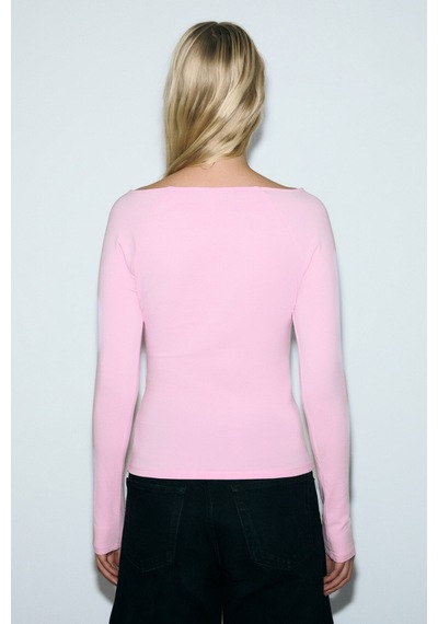 Grımelange Karakola Kadın Organik Pamuklu Kayık Yaka Reglan Kol Slim Fit Pembe Bluz Pembe