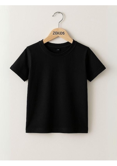 Zekids Çocuk Pamuklu Basic Kısa Kollu T-shirt-16083 SIYAH