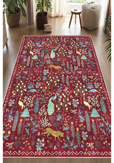 Dijital Baskılı Modern Desenli Renkli Kaymaz Taban Yıkanabilir Halı Bordo