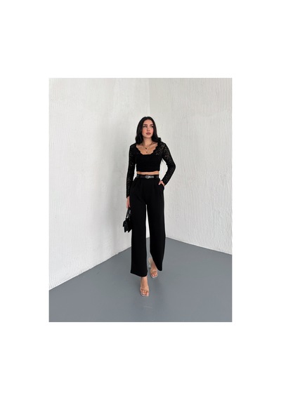 Winmoda34 Kadın Çift Pileli Esnek Kemer Detaylı Palazzo Kumaş Pantolon Siyah