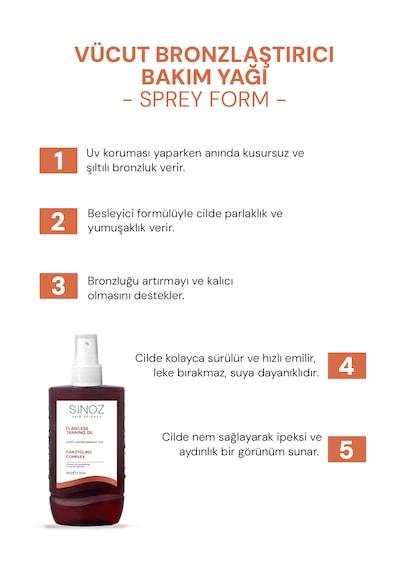 Sinoz Kusursuz Bronzlaştırıcı Hindistan Cevizi Kakao Havuç Yağı İçeren Güneş Yağı Spreyi  200 ML