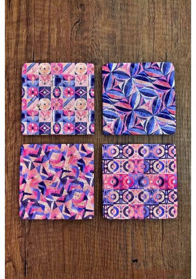 Doğal Taş Bardak Altlığı - Mor Desenlerbaskılı 10x10cm Stone Coasters Çok Renkli