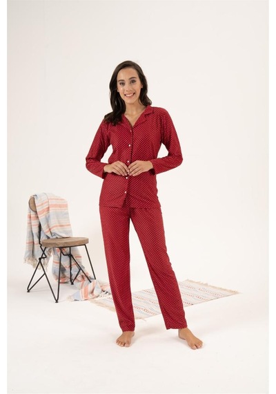 Estiva Puantiye Desen Önden Düğmeli Süet Bayan Pijama Takım 001