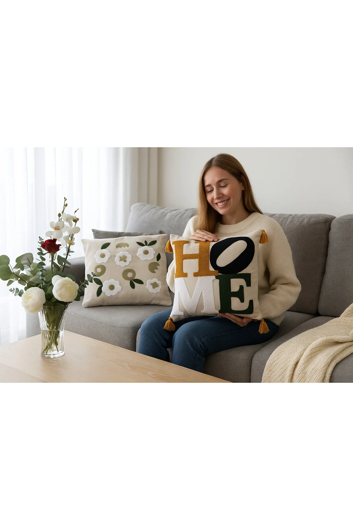 Tekli Home Yazılı Punch İşlemeli Dekoratif Premium Nakışlı Kırlent Kılıfı 45 X 45 Cm Çok Renkli