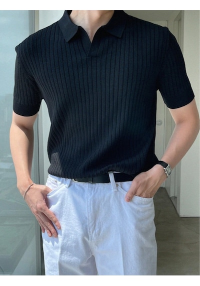 Erkek Fitilli Polo Yaka Triko T-shirt Siyah